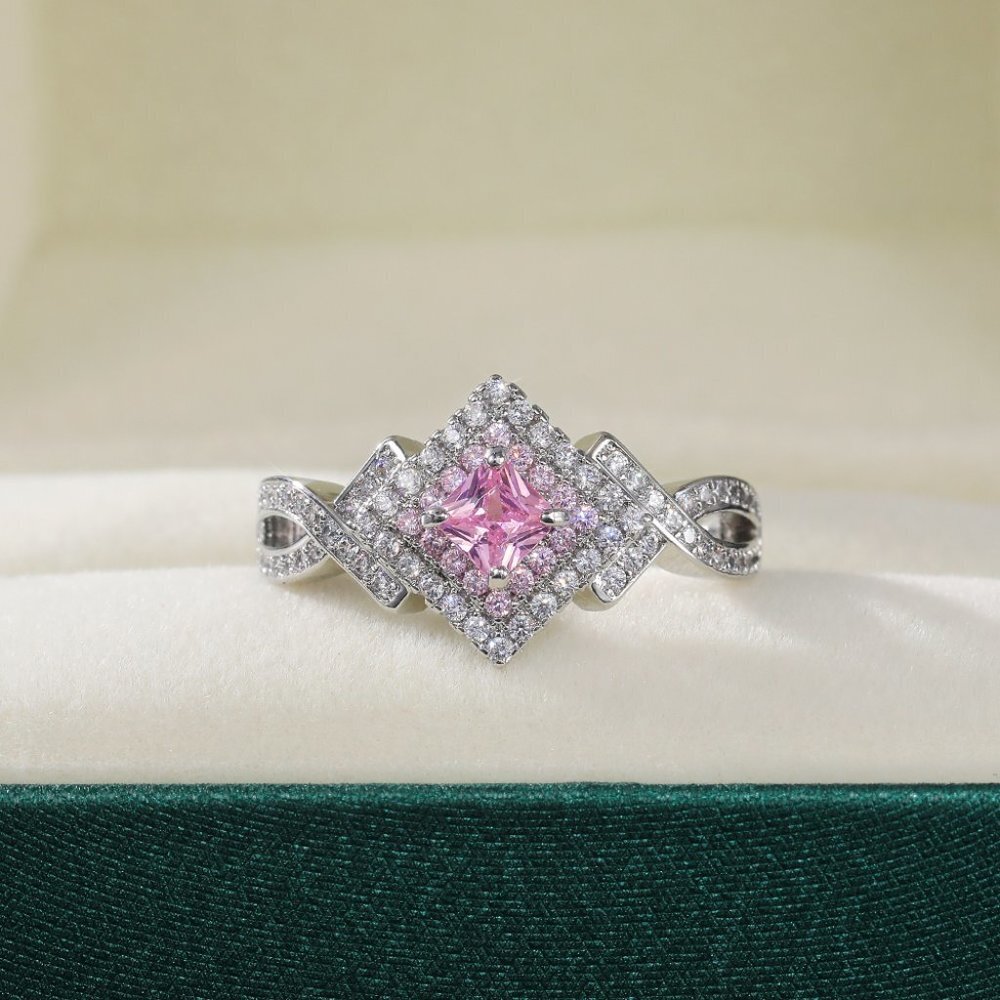 😍Beautiful Silver Pure Pink Double Layer Weave Princess Cut CZ Ring, K832 - Picture 10 of 11